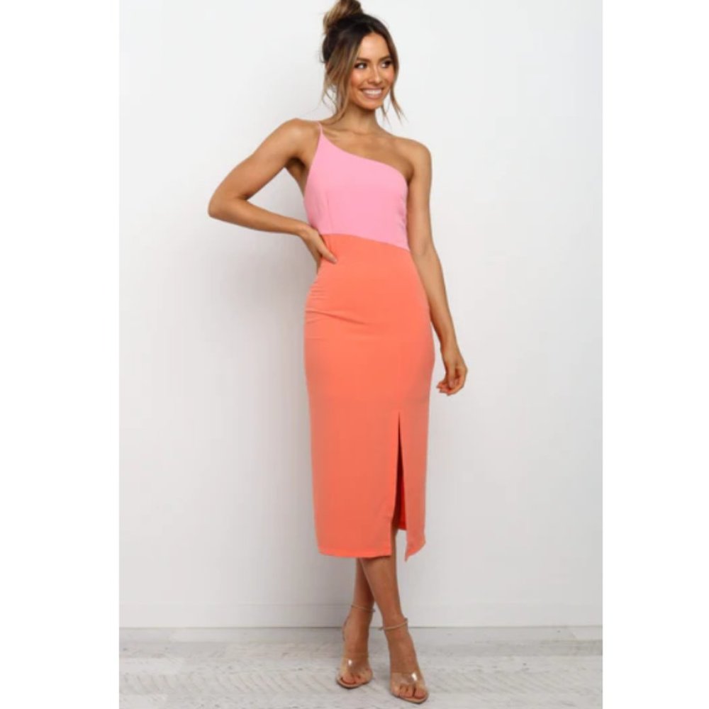 Petal & Pup Xiomar One Shoulder Midi Dress in Orange / Pink Size US 6 NWT $79